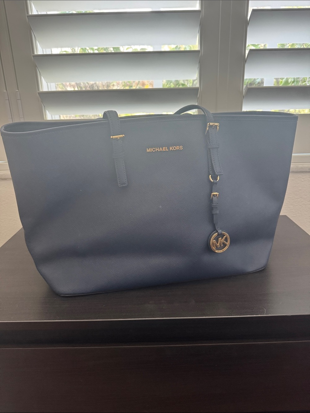 Michael Kors Navy Saffiano Leather Tote with Gold Hardware